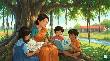 A classroom with students and a teacher representing India's improving pupil-teacher ratio and school education indicators