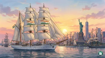 INS Sudarshini, a three-masted sail training barque of the Indian Navy, sailing in New York Harbour during the Sail4th 250 celebrations