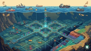 Illustration depicting ocean data sharing and hydrographic survey ship mapping the seafloor
