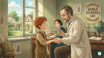 Illustration representing World Zoonoses Day and the One Health approach connecting human, animal, and environmental health