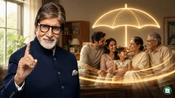 Amitabh Bachchan posing for Policybazaar's Parivaar Sabse Pehle insurance awareness campaign