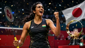 PV Sindhu holding the Japan Open 2026 trophy at the Tokyo Metropolitan Gymnasium