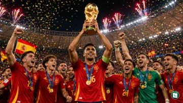 Spain players celebrate with the FIFA World Cup trophy after defeating Argentina 1-0 in the final at MetLife Stadium.