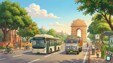 Old trucks and buses on a polluted road in Delhi-NCR, representing the vehicles targeted for replacement under the PARIVARTAN scheme