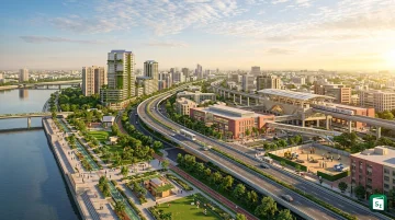 Artist impression of smart urban infrastructure projects in Ahmedabad including transit management and water systems