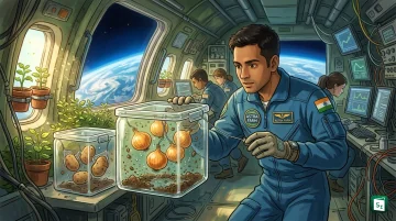 Indian analog astronaut Captain Aman Johri with a microgravity payload containing Maharashtra-grown onions and potatoes
