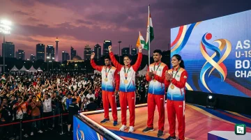 Indian boxers celebrating with medals at the Asian U-19 and U-23 Boxing Championships 2026 in Jakarta
