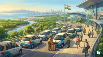 Maharashtra Chief Minister Devendra Fadnavis flagging off Bharat Taxi service at Navi Mumbai International Airport