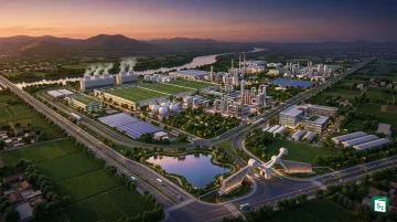 Illustration of a chemical industrial park with infrastructure facilities and green surroundings