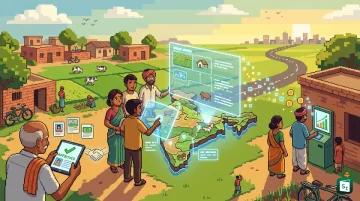 Illustration of a digital interface connecting land records with banking systems for credit access