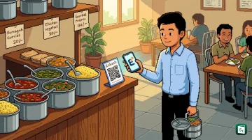 EnKash UPI-enabled meal card being used to scan a QR code at a food merchant