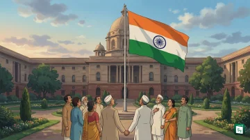 The Indian Tricolour flag waving against a blue sky