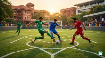 IIT Madras OmegaBall launch event with players on a circular field featuring three goals