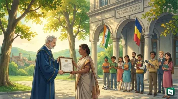 President Droupadi Murmu being conferred the Doctor Honoris Causa award at the Bucharest University of Economic Studies in Romania
