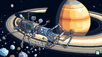 Artistic concept of the PRAXIS spacecraft approaching Saturn's rings with a deployable sampling boom