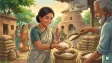 Rice grains being inspected at a ration shop