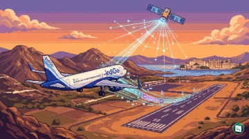 An IndiGo Airbus A320 aircraft approaching the runway at Maharana Pratap Airport in Udaipur, guided by India's GAGAN satellite navigation system