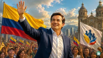 Abelardo de la Espriella, president-elect of Colombia, addressing supporters from behind bulletproof glass