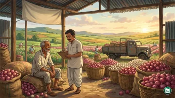 Graphic showing onion procurement price hike from ₹1,875 to ₹2,125 per quintal under Price Stabilisation Buffer