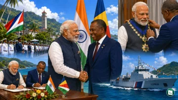 Prime Minister Narendra Modi and Seychelles President Dr. Patrick Herminie at the State House in Victoria, Mahe