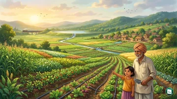 A farmer standing in a green field with drip irrigation pipes running between crops, representing the PMKSY micro-irrigation initiative