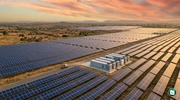 Aerial view of a large-scale solar power plant with battery storage units