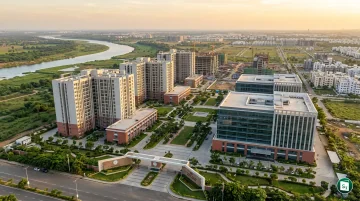 Aerial view of a modern residential and office complex infrastructure