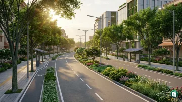 A visualization of a scientifically greened urban road with multi-layered plantations and paved sidewalks