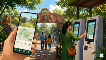 A digital display showing the features of the NZP Saathi App at the National Zoological Park.