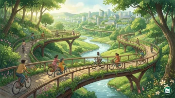People cycling in a green urban environment representing World Bicycle Day