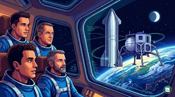 Digital illustration of the NASA Orion capsule docking with a lunar lander in Earth orbit
