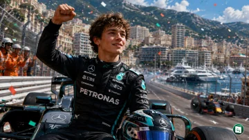 Andrea Kimi Antonelli celebrating his victory at the Monaco Grand Prix