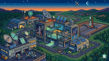 Digital representation of a modern space-tech testing and manufacturing facility