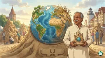 A 3-meter high sand sculpture representing the contrasting faces of Earth