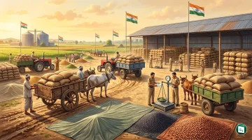 Farmers selling pulses at a government procurement centre under the Price Support Scheme