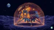 A futuristic lunar lander operating on the illuminated surface of the moon during the transition from lunar day to night
