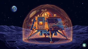 A futuristic lunar lander operating on the illuminated surface of the moon during the transition from lunar day to night