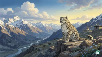 A snow leopard in the rocky high-altitude terrain of Ladakh