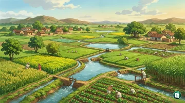 A modern canal irrigation system in a green agricultural field