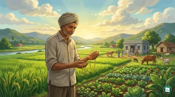 A farmer holding a Kisan Credit Card next to a sprouting crop field, symbolising agricultural credit
