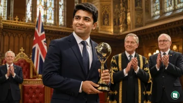 Harsh Vardhan, President of Bihar Cricket Association, receiving the Global Prestige Award at the House of Lords in the UK Parliament