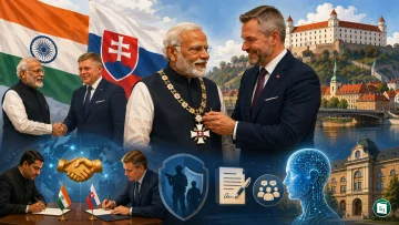 Slovak President Peter Pellegrini presenting the Order of the White Double Cross (1st Class) to Prime Minister Narendra Modi at the Presidential Palace in Bratislava