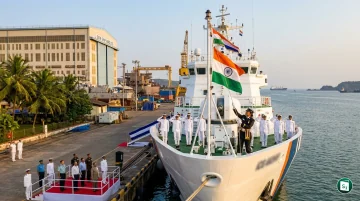 The Indian Coast Guard Fast Patrol Vessel ICGS Akshay during its commissioning ceremony at Goa Shipyard Limited in Vasco, Goa