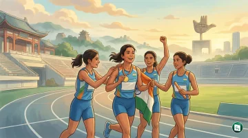 Indian women's 4x100m relay team celebrating their gold medal win at the Asian Relays Championships 2026 in Shangyu, China