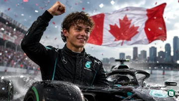 Andrea Kimi Antonelli celebrating his maiden Formula One victory on the podium