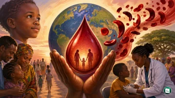 Burgundy ribbon symbol for World Sickle Cell Day awareness with theme text 'Closing the Survival Gap: Equity in Sickle Cell Disease'