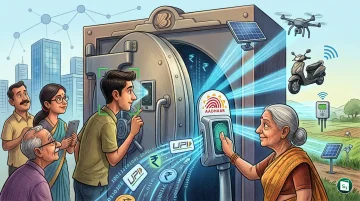 Illustration showing secure biometric authentication and IoT payment processing on a mobile device