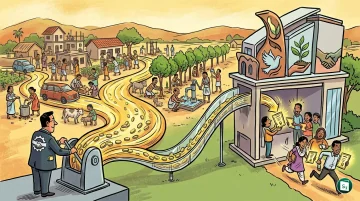Illustration showing corporate social responsibility funds being directed to a social stock exchange platform