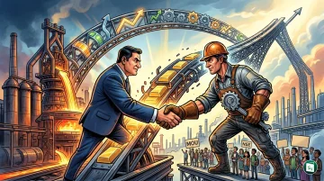 Steel manufacturing facility and National Stock Exchange logo representation