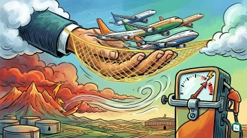 An commercial airplane landing on a runway against a sunset background, symbolizing the aviation industry.